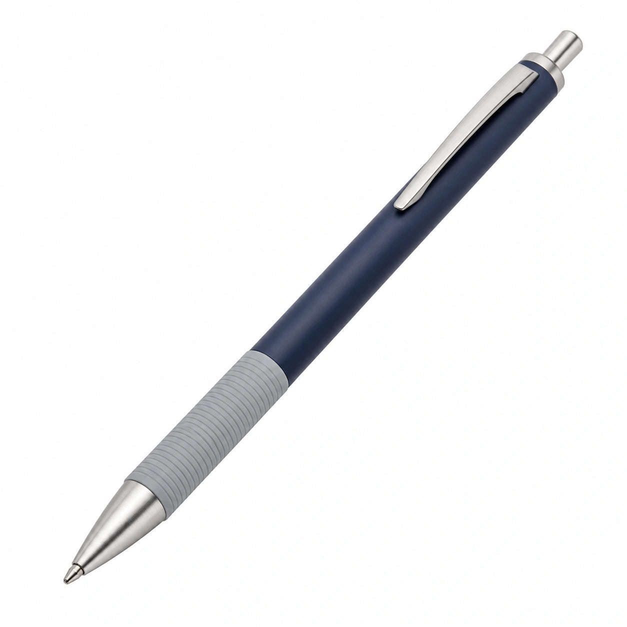 Blauer Kugelschreiber mit Druckmechanik und grauem Griff