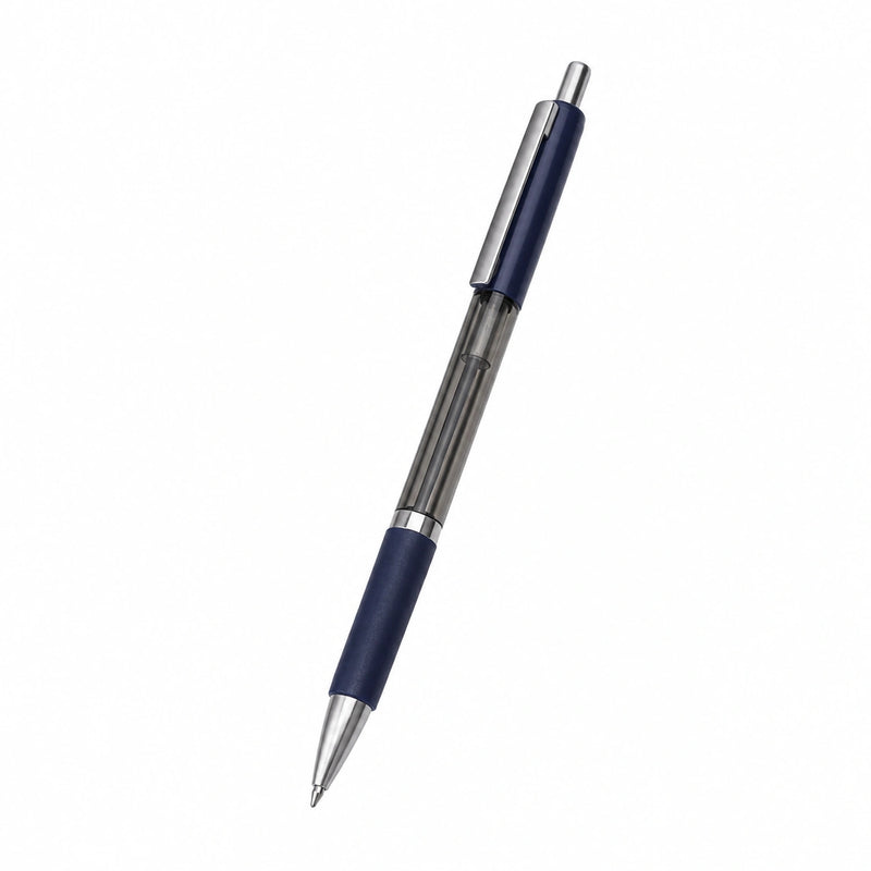 Blauer Druckkugelschreiber mit ergonomischem Griff und transparentem Schaft